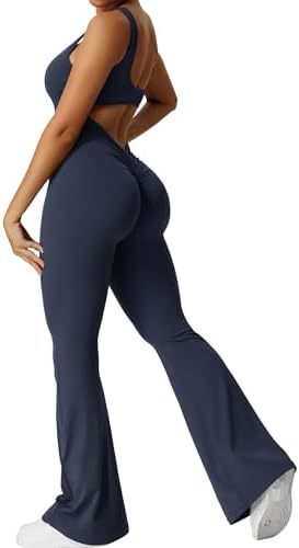 Women Sleeveless Flare Jumpsuits Fitness Yoga Long Pants - Chic Angle